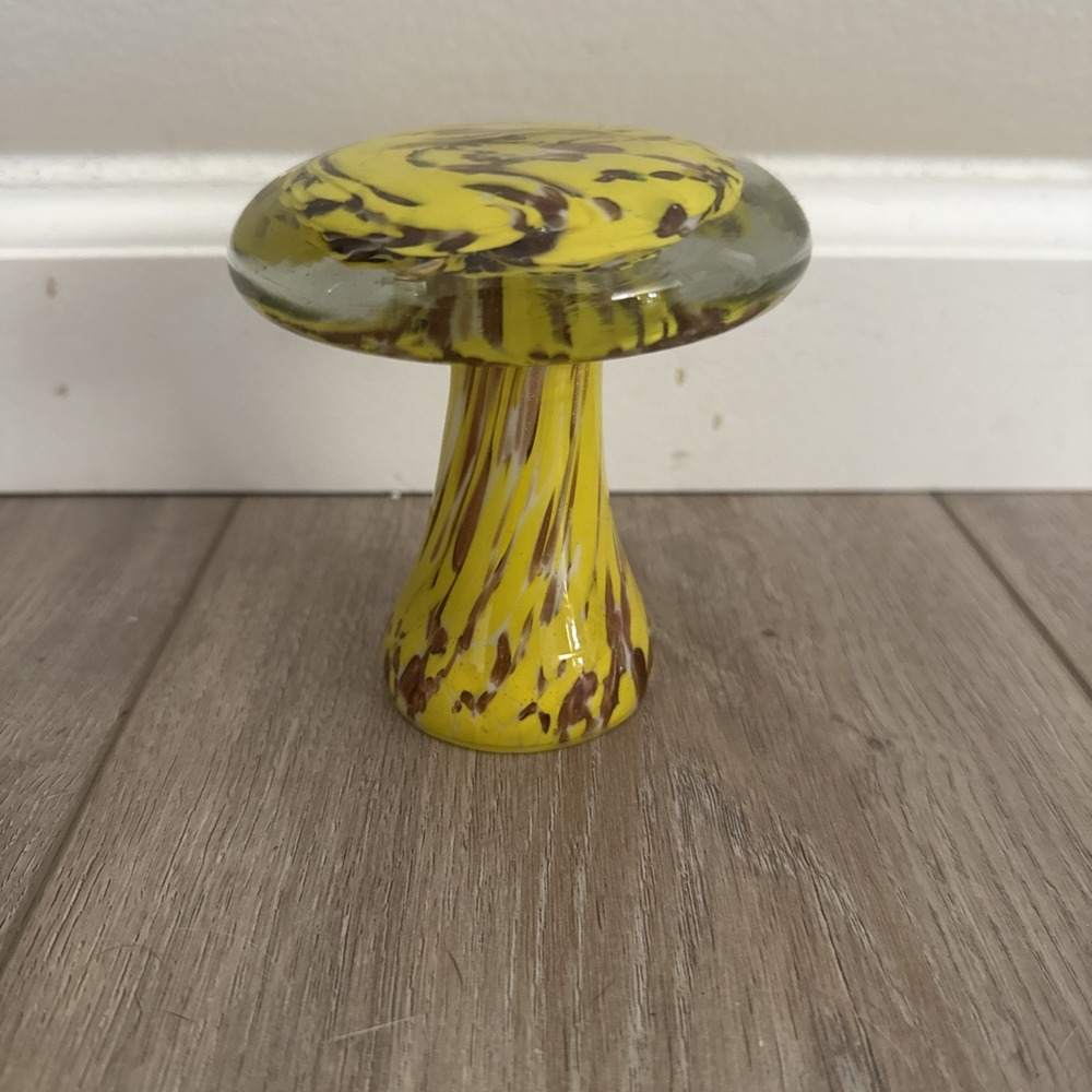 Murano Style Art Glass Mushroom Paperweight – Yellow, White & Brown Swirl‎ 3.75"